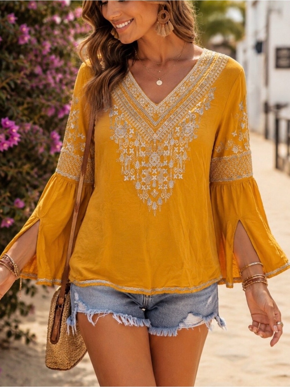 Chelsea & Theodore Boho Embroidered Mustard Peasant Top